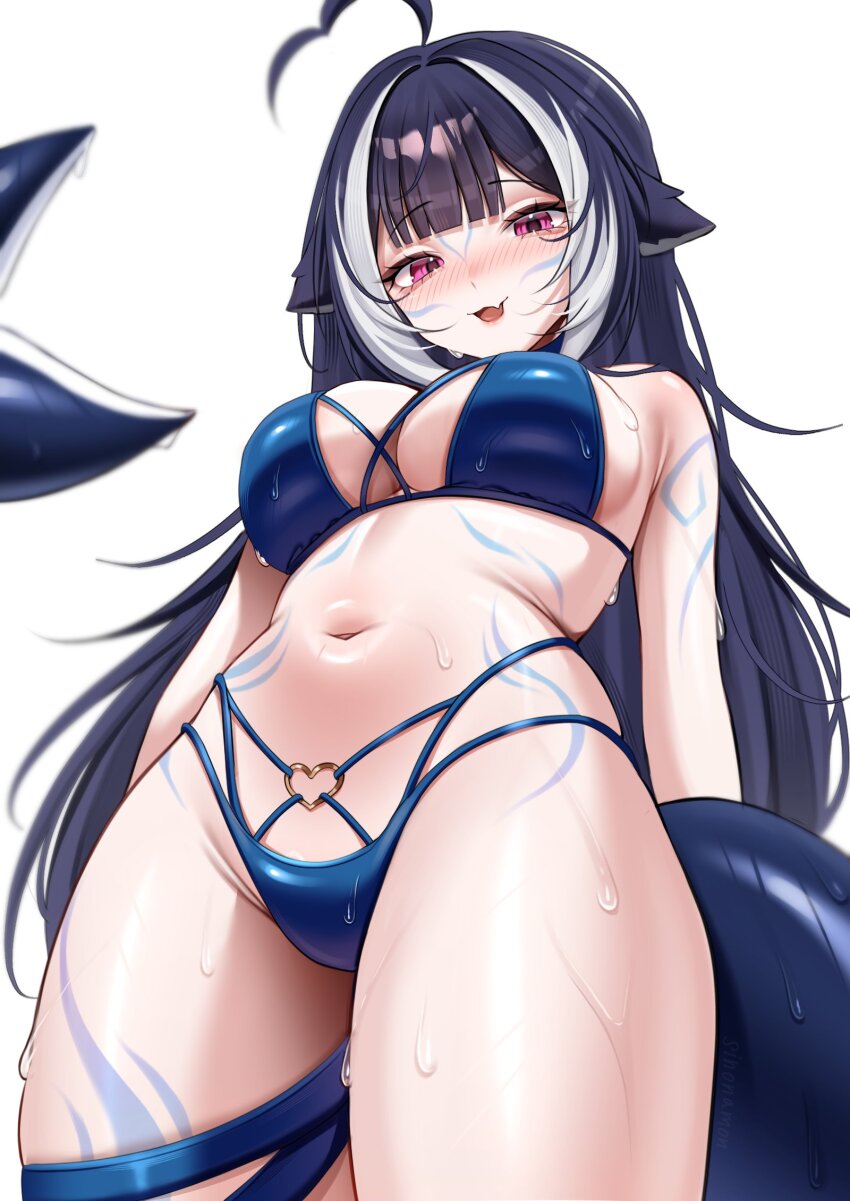 1girl :d ahoge bikini black_hair blue_bikini blunt_bangs blush body_markings breasts center-flap_bangs cetacean_tail cleavage commentary facial_mark fang fins fish_tail heart heart_ahoge heart_o-ring highleg highleg_bikini highres indie_virtual_youtuber large_breasts long_hair looking_at_viewer multi-strapped_bikini_bottom multi-strapped_bikini_top multicolored_hair navel o-ring o-ring_bikini open_mouth orca_girl purple_eyes shylily simple_background sinonamon skin_fang smile solo stomach streaked_hair swimsuit tail thigh_strap two-tone_hair very_long_hair virtual_youtuber wet white_background white_hair