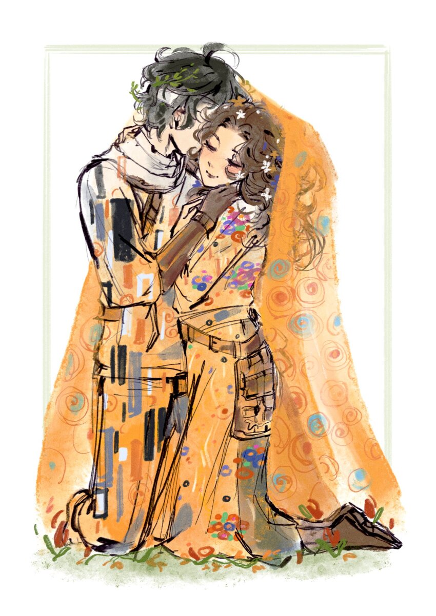 1boy 1girl ada_mesmer bandaged_head bandages belt black_hair blush boots brown_footwear brown_gloves brown_hair closed_eyes commentary dress emil_(identity_v) english_commentary fine_art_parody flower full_body gloves hair_flower hair_ornament hand_on_another&#039;s_shoulder hetero highres identity_v kickthat_can kiss kneeling pants parody smile straitjacket the_kiss veil white_background white_dress white_pants yellow_veil