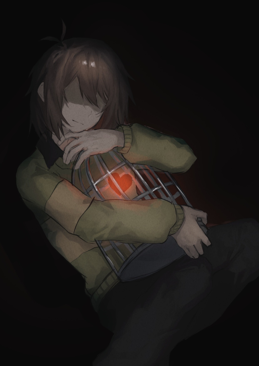 1other birdcage black_background black_pants brown_hair cage commentary_request deltarune glowing_heart green_sweater heart highres kris_(deltarune) long_sleeves medium_hair no_eyes pants shaded_face solo soul_(deltarune) striped_clothes striped_sweater sweater yyu_pu