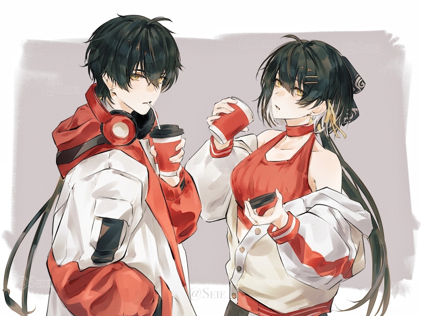 1boy 1girl bare_shoulders black_bow black_hair bow chinese_commentary colored_inner_hair commentary_request crop_top cup drinking_straw drinking_straw_in_mouth dual_persona earrings female_rover_(wuthering_waves) hair_bow hair_ribbon headphones headphones_around_neck highres holding holding_cup holding_lid honseie hood hood_down hoodie jewelry lid long_hair looking_at_viewer low_ponytail male_rover_(wuthering_waves) multicolored_hair parted_lips ponytail red_shirt ribbon rover_(wuthering_waves) shirt triangle_earrings white_hair white_hoodie wuthering_waves yellow_eyes yellow_ribbon