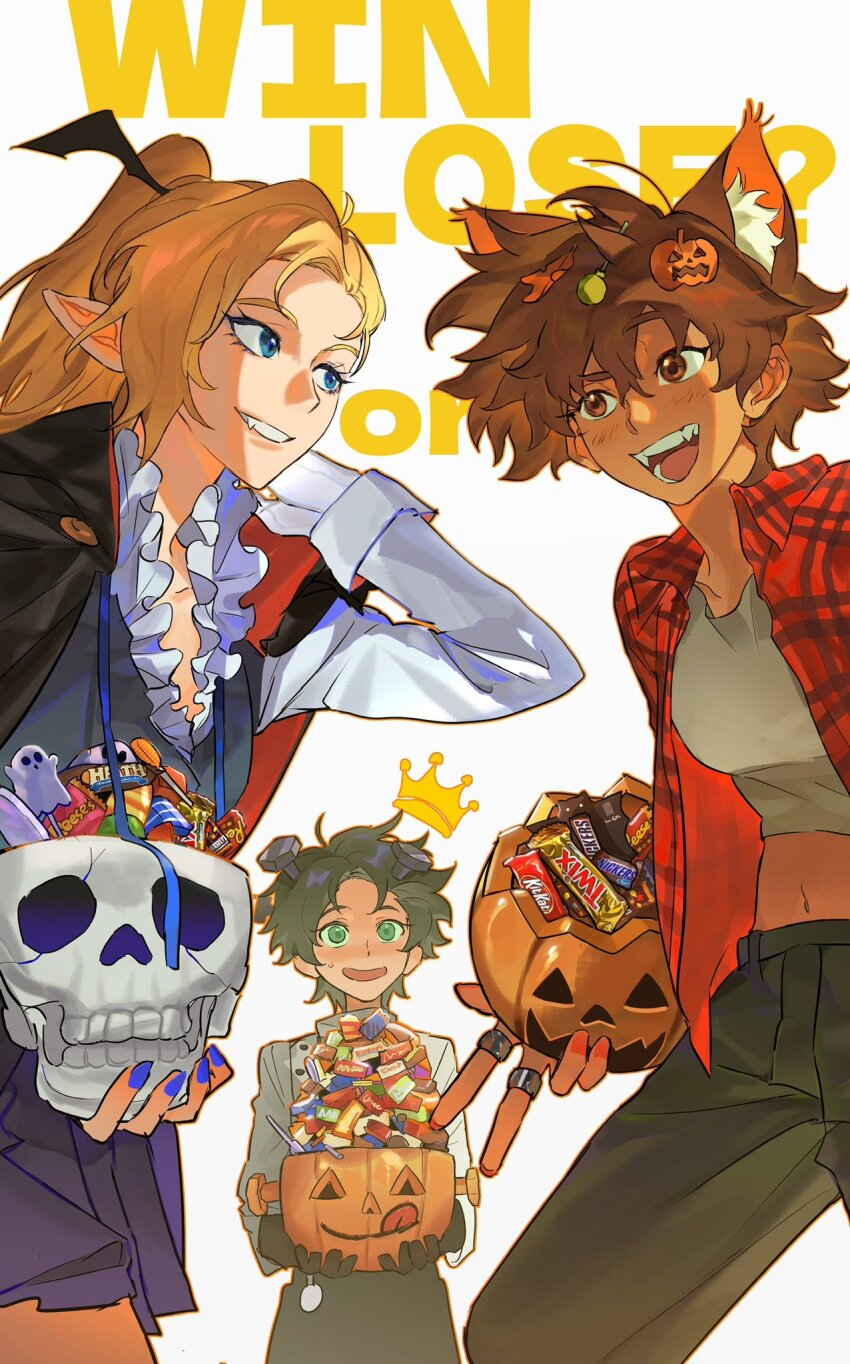 3girls amphibia anne_boonchuy bat_(animal) bat_hair_ornament black_cape black_gloves black_hair blonde_hair blue_eyes blue_nails blush bolt_(hardware) brown_hair bucket candy cape chocolate cosplay crop_top crown dark-skinned_female dark_skin dracula dracula_(cosplay) english_text fangs food frankenstein&#039;s_monster frankenstein&#039;s_monster_(cosplay) frilled_shirt frills ghost gloves green_eyes green_pants hair_ornament halloween halloween_bucket halloween_costume highres holding holding_bucket jack-o&#039;-lantern jacket jewelry jocy3 kitkat lab_coat leaf leaf_on_head lollipop long_hair marcy_wu midriff multiple_girls multiple_rings navel object_through_head pants plaid_clothes plaid_jacket pointy_ears ponytail reese&#039;s ring sasha_waybright screw_in_head shirt short_hair skirt skull smile snickers_(brand) sweat twix vampire_costume werewolf_costume