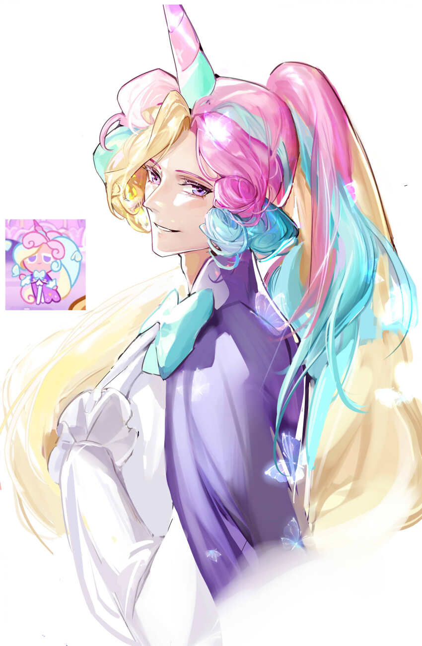 1other absurdres androgynous aqua_bow aqua_bowtie aqua_hair blonde_hair bow bowtie bug butterfly cape closed_mouth cookie_run cream_unicorn_cookie curly_hair frilled_sleeves frills from_side gtcpst hand_on_own_chest hashtag-only_commentary high_ponytail highres humanization insect light_blush long_hair long_sleeves looking_at_viewer looking_to_the_side multicolored_hair other_focus parted_lips pink_hair ponytail purple_cape purple_eyes reference_inset shirt simple_background smile solo streaked_hair swept_bangs unicorn_horn upper_body very_long_hair white_background white_butterfly white_shirt