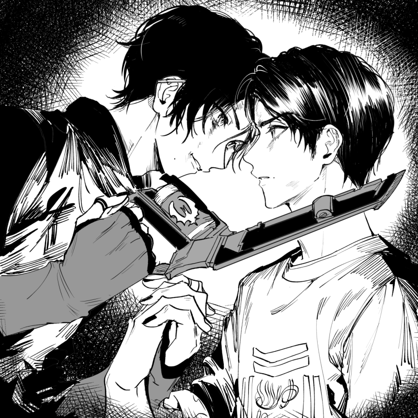 2boys adk-em armband bandai bandai_namco bat_(animal) bat_genome black_hair black_nails black_shirt blouse doran_(doran7280) evil_grin evil_smile evilblade fenix_uniform gloves goth_fashion green_eyes greyscale grin gun handgun highres holding holding_hands holding_weapon igarashi_daiji ishimori_prod jewelry kagerou_(kamen_rider_revice) kamen_rider kamen_rider_revice livegun looking_at_viewer male_focus military military_uniform monochrome multiple_boys multiple_rings nail_polish pistol ring shirt smile toei_company tokusatsu tv_asahi upper_body weapon white_gloves
