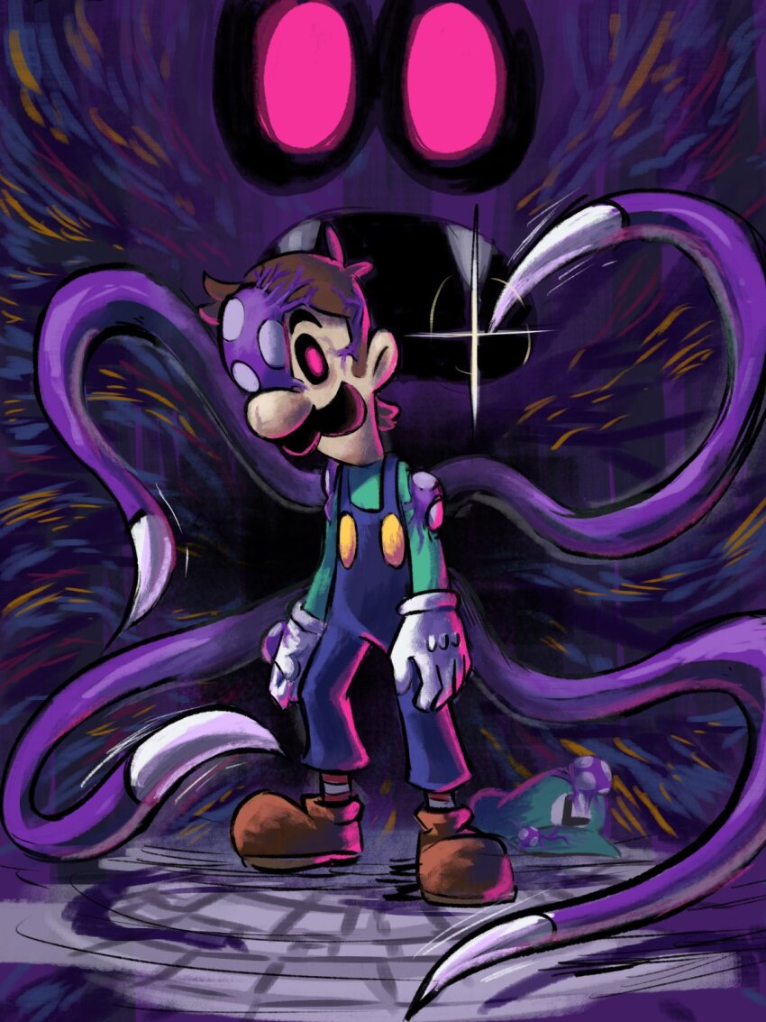 1bitheart 1other black_sclera blue_overalls boots brown_footwear brown_hair colored_sclera facial_hair fangs gloves green_shirt highres looking_at_viewer luigi mari_luijiroh mario_&amp;_luigi:_partners_in_time mario_&amp;_luigi_rpg mario_(series) masanori_sato_(style) mustache nintendo one_eye_covered overalls pink_eyes red_socks shirt short_hair shroob socks standing striped_clothes striped_socks tentacles two-tone_socks white_gloves white_socks