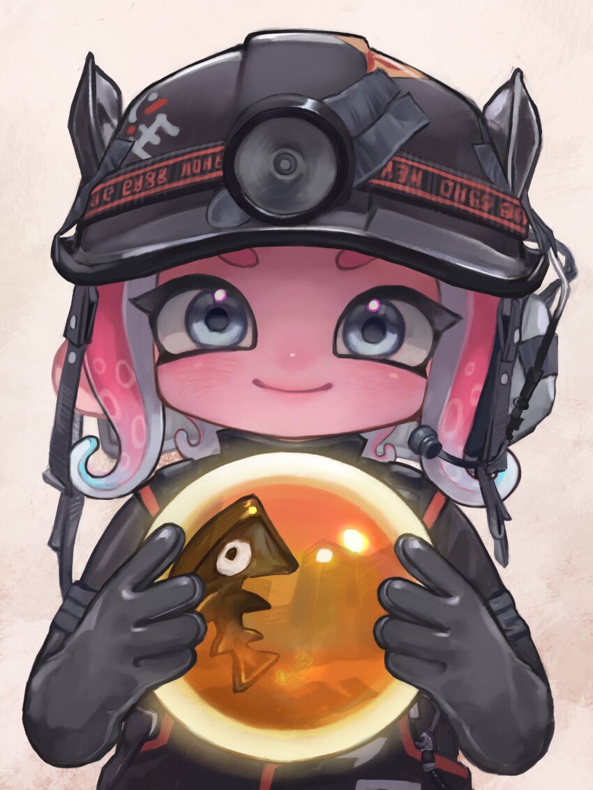 1girl black_gloves blue_hair closed_mouth colored_tips commentary_request gloves golden_egg_(splatoon) grey_eyes highres long_hair looking_at_viewer mining_helmet multicolored_hair nintendo octoling octoling_girl octoling_player_character oekakirisuke pink_hair rubber_gloves salmon_run_(splatoon) short_eyebrows smile solo splatoon_(series) splatoon_3 standing tentacle_hair thick_eyebrows two-tone_hair white_background