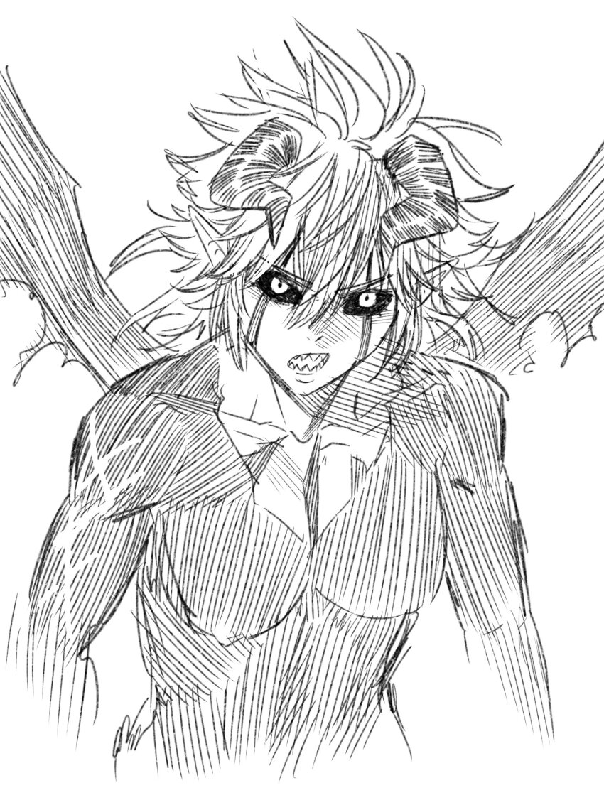 black_clover black_sclera breasts colored_sclera demon_girl genderswap genderswap_(mtf) highres honexstage large_breasts liebe_(black_clover) looking_at_viewer monochrome sharp_teeth simple_background sketch teeth upper_body white_background