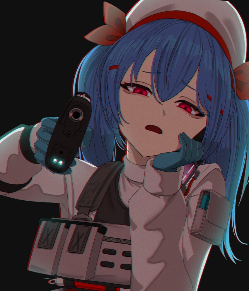 1girl absurdres aiming aiming_at_viewer beret black_background blue_gloves blue_hair colphne_(girls&#039;_frontline_2) commentary_request girls&#039;_frontline girls&#039;_frontline_2:_exilium gloves grief_13 gun hair_between_eyes hand_on_own_cheek hand_on_own_face handgun hat highres holding holding_gun holding_weapon long_sleeves looking_at_viewer red_eyes simple_background solo taurus_curve twintails upper_body weapon white_hat