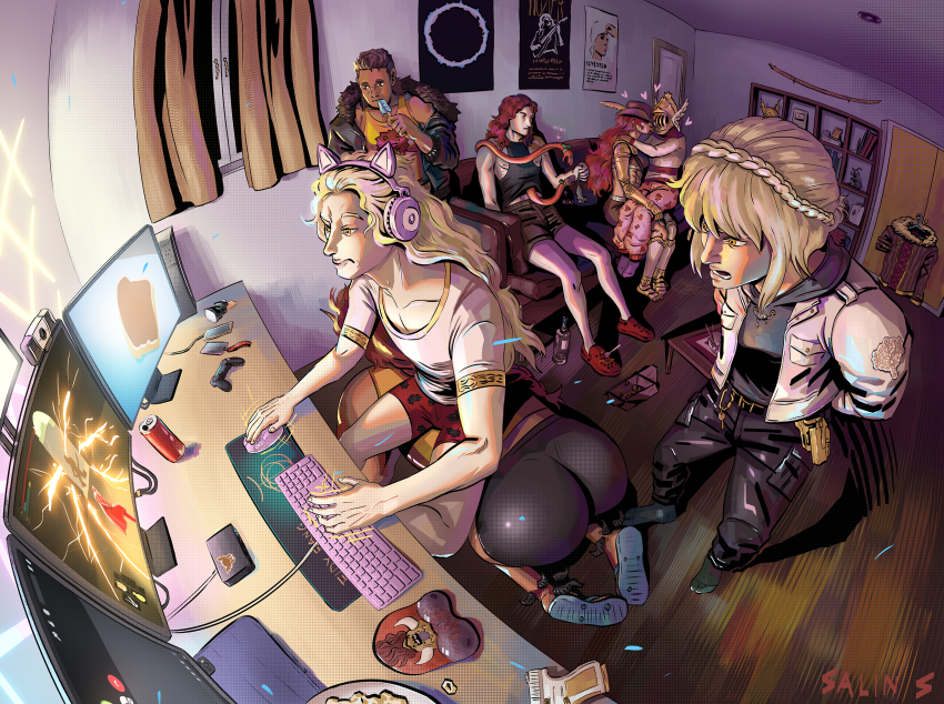 3boys 4girls all_fours animal_ear_headphones animal_ears ass braid breast_mousepad can cat_ear_headphones cleanrot_knight_finlay clothes_hanger commentary computer_keyboard computer_mouse contemporary crown_braid curtains drink_can eating elden_ring english_commentary fake_animal_ears fisheye food from_above full_body gun handgun hat hat_feather headphones highres human_furniture indoors loaded_interior malenia_blade_of_miquella messmer_the_impaler miquella_(elden_ring) monitor motion_lines mousepad multiple_boys multiple_girls needle_knight_leda nose pajamas playing_games popsicle poster_(object) red_hair redmane_freyja rinboz shelf shirt shoes sitting sitting_on_person snake sneakers standing t-shirt tank_top weapon white_shirt yellow_eyes yuri