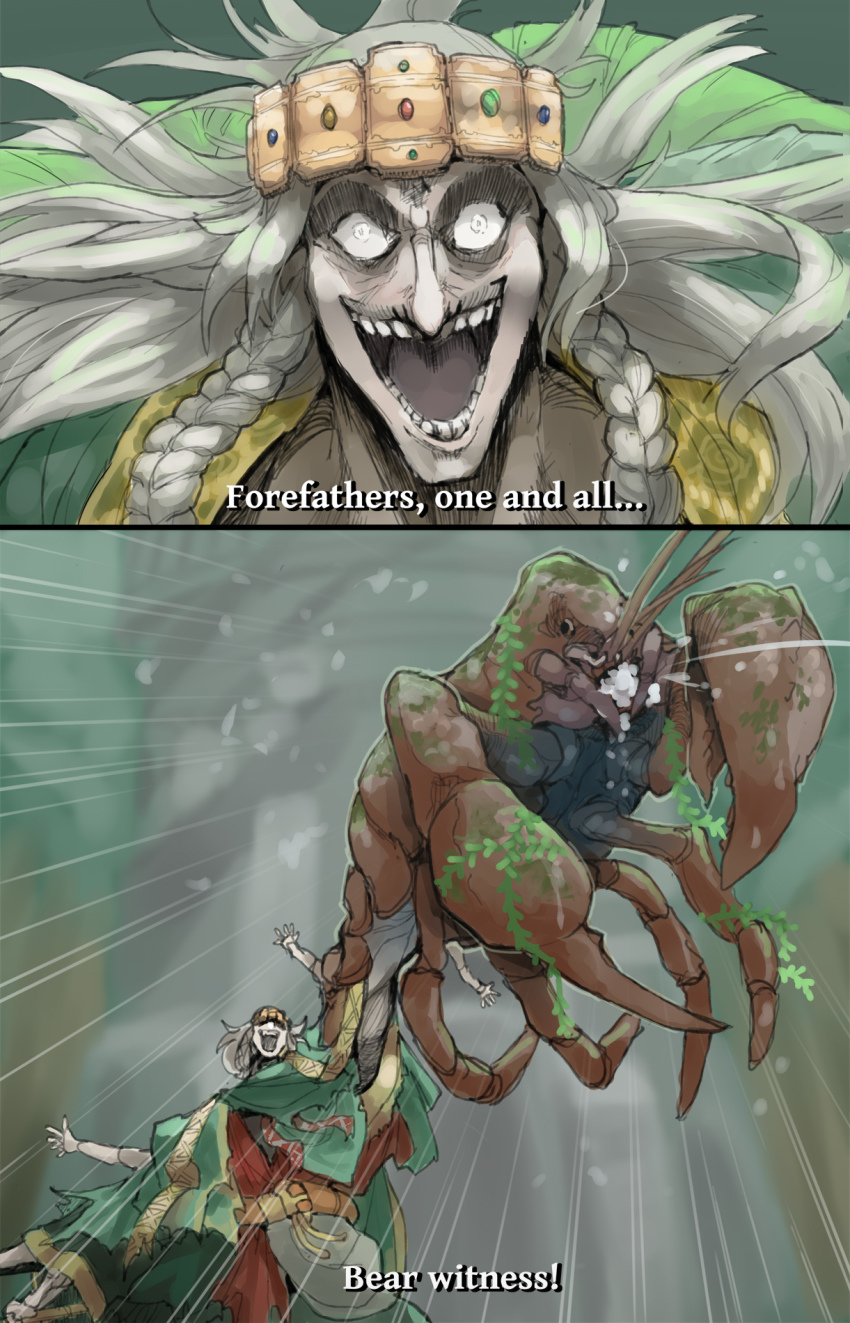 1boy braid crayfish crazy_eyes crown elden_ring emphasis_lines extra_arms galaxyspark giant_crayfish_(elden_ring) godrick_the_grafted grey_hair highres male_focus pincers spitting twin_braids