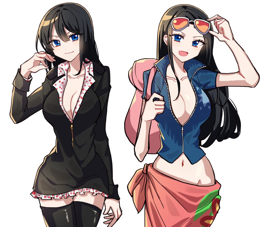 1girl absurdres adjusting_eyewear bag black_dress black_hair blue_eyes blue_jacket blunt_bangs boots breasts cleavage closed_mouth collarbone collared_shirt commentary_request cropped_jacket dress eyewear_on_head hand_on_eyewear highres jacket kasuga_kaya korean_commentary large_breasts leather leather_boots leather_jacket light_smile long_hair long_sleeves looking_at_viewer midriff navel nico_robin nico_robin_(post-timeskip) nico_robin_(return_to_sabaody) nico_robin_(water_7) one_piece open_mouth pink_sarong sarong shirt short-sleeved_jacket short_sleeves shoulder_bag sidelocks simple_background smile thigh_boots white_background zipper zipper_pull_tab