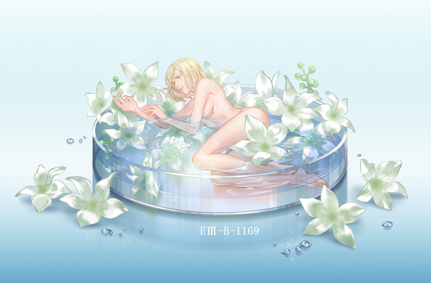 1girl akakokko_(niro_azarashi) birdmen_(manga) blonde_hair blue_eyes breasts completely_nude flower in_water jasmine_(birdmen) jasmine_(flower) medium_breasts medium_hair nude open_mouth tiny water_drop