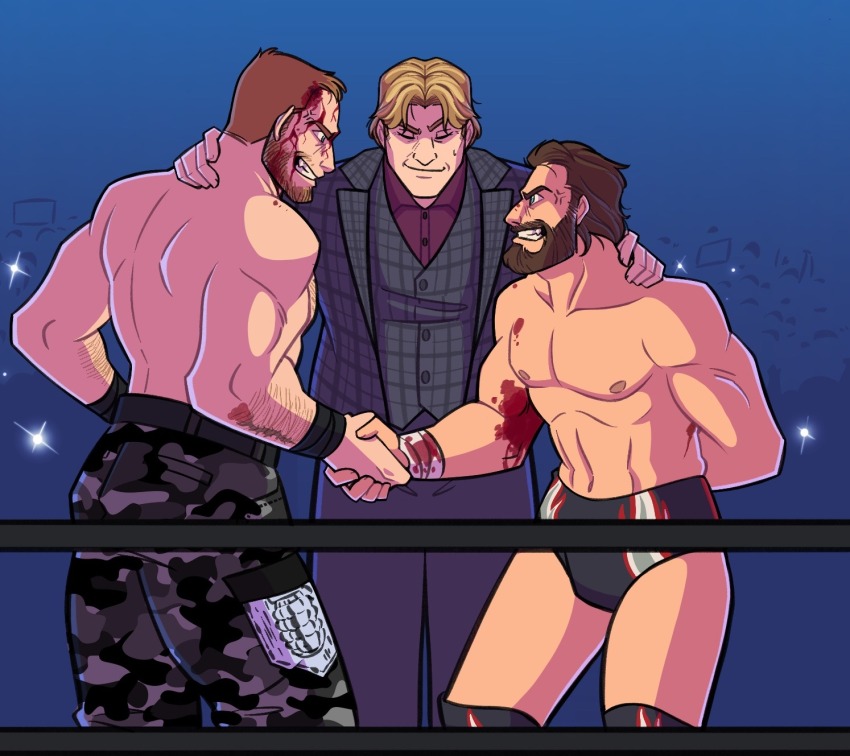 3boys all_elite_wrestling anger_vein arm_behind_back bandaged_wrist bandages beard blood blood_on_arm blood_on_face blue_background blue_eyes brown_hair camera_flash camouflage camouflage_pants collar connected_beard crazy_grin daniel_bryan dean_ambrose facial_hair formal_clothes grey_suit grin hands_on_another&#039;s_neck handshake highres multiple_boys muscular muscular_male nadia_fazilla nipples pants pectorals plaid_suit purple_collar purple_shirt raised_eyebrow shirt short_hair smile sparse_arm_hair suit william_regal wrestling_outfit wrestling_ring