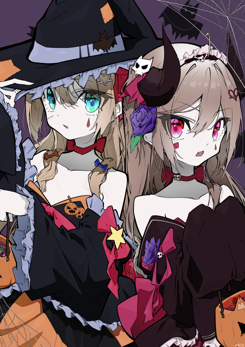 2girls absurdres bare_shoulders black_dress black_horns blue_eyes broken_heart broken_heart_hair_ornament brown_hair bucket collar commentary demon_horns dress english_commentary evil_neuro-sama facial_mark from_side hair_between_eyes hair_ornament halloween_bucket hat heart heart_hair_ornament highres holding holding_bucket horns long_hair long_sleeves looking_at_viewer multiple_girls neuro-sama off-shoulder_dress off_shoulder red_collar red_eyes siblings sisters twins upper_body vedal_ai virtual_youtuber white45838787 wide_sleeves witch_hat