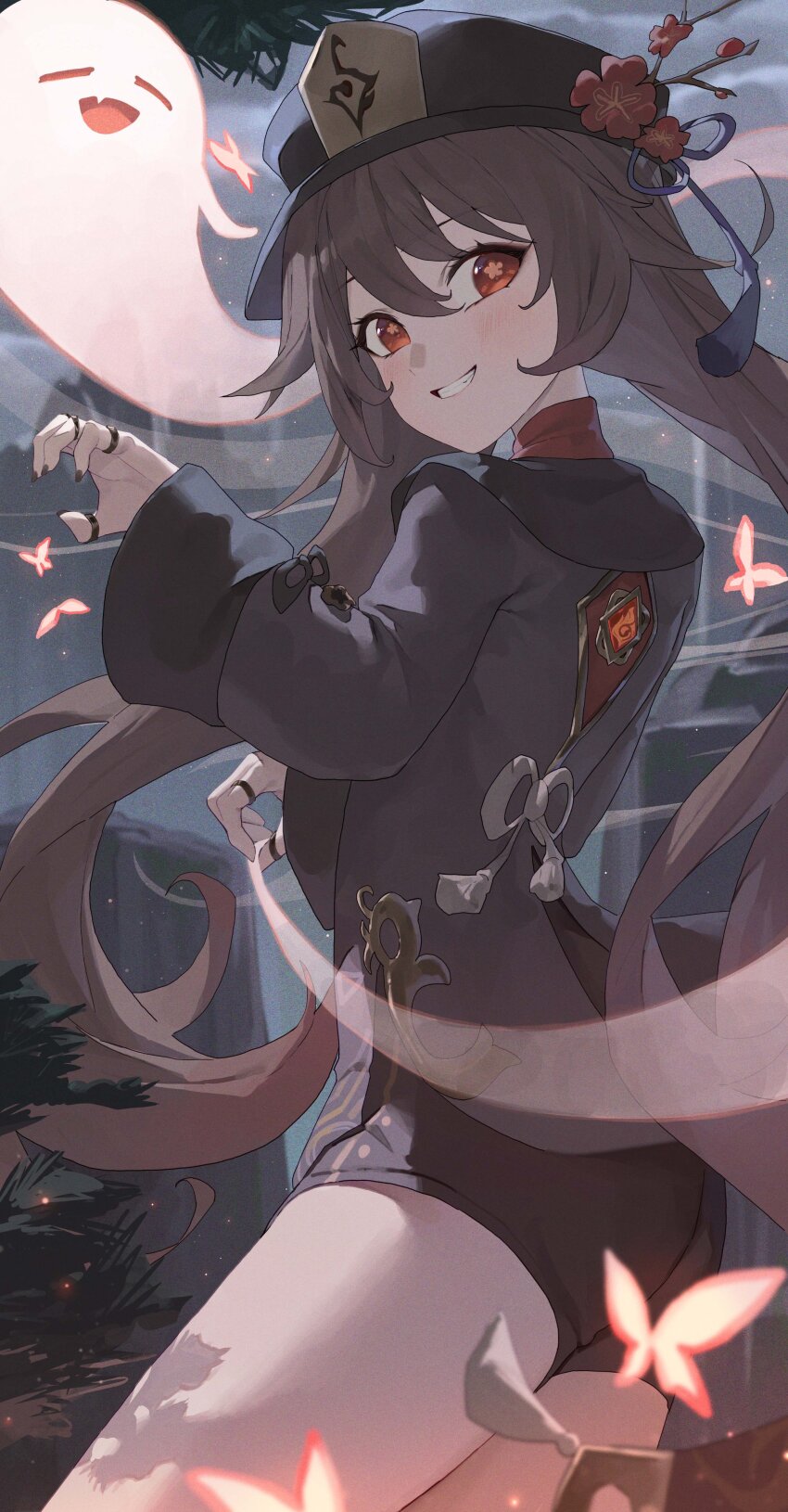 1girl absurdres ass black_hat black_shirt boo_tao_(genshin_impact) brown_hair genshin_impact ghost gosmfl grin hat highres hu_tao_(genshin_impact) jewelry long_hair long_sleeves looking_at_viewer red_eyes ring shirt smile solo thighs very_long_hair