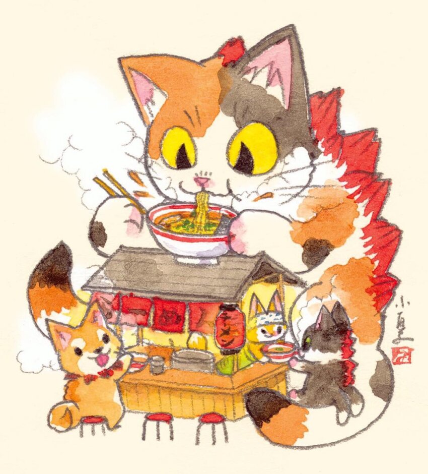 animal animal_focus bakeneko calico_(pattern) cat chopsticks commentary_request eating food giant giant_monster kaiju konatsu_tunacan lantern multiple_tails negora nekomata no_humans noodles original oversized_animal shiba_inu sitting tail traditional_media traditional_youkai two_tails
