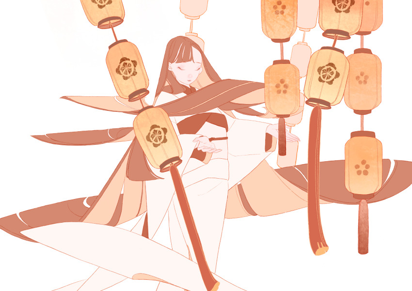 1girl absurdres asymmetrical_bangs black_hair blunt_ends closed_eyes closed_mouth commentary_request hanging_lantern highres japanese_clothes kimono lantern long_hair long_sleeves obi obiage obijime open_hands original paper_lantern sash solo standing surie very_long_hair white_background white_kimono wide_sleeves