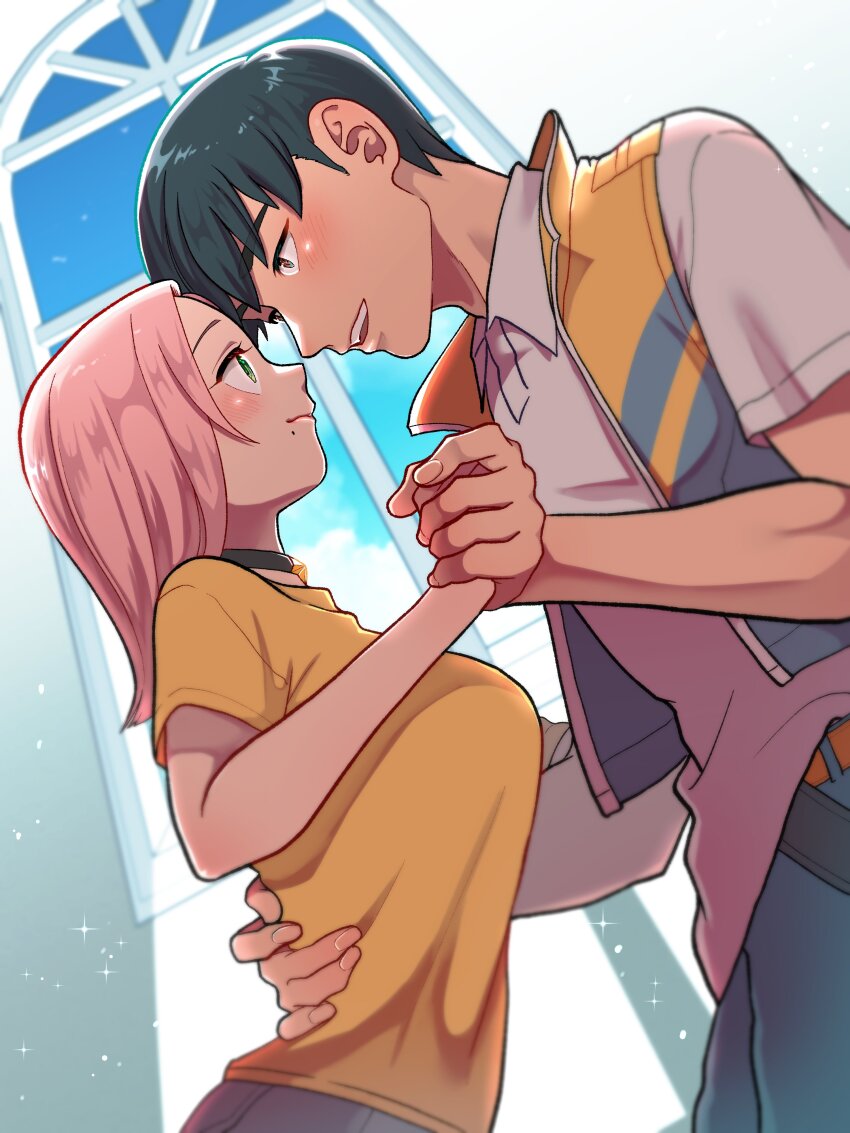 1boy 1girl absurdres black_choker black_hair borrowed_design breasts brown_eyes choker commentary_request dutch_angle from_below green_eyes hand_grab hetero highres large_breasts linda_(my_time_at_portia) mint_(my_time_at_portia) mole mole_under_mouth mugicha_(zoro1132) my_time_at_portia open_mouth pink_hair polo_shirt shirt smile two-tone_vest white_shirt yellow_shirt