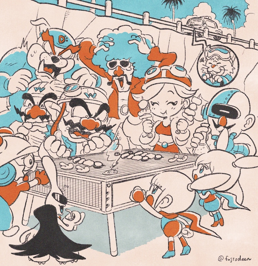 3girls 6+boys 9-volt alien ana_(warioware) artist_name black_cape blue_hair cape cooking crop_top double_bun dr._crygor dribble_(warioware) eating facial_hair fangs food food_in_mouth fujiodeen furry furry_male gloves goggles goggles_on_headwear grill grilling hair_bun helmet highres holding holding_skewer jacket jimmy_t kat_(warioware) long_hair midriff mona_(warioware) motorcycle_helmet multiple_boys multiple_girls mustache nintendo open_clothes open_jacket open_mouth orbulon palm_tree red_gloves red_jacket scarf skewer smile spitz sunglasses tree wario warioware