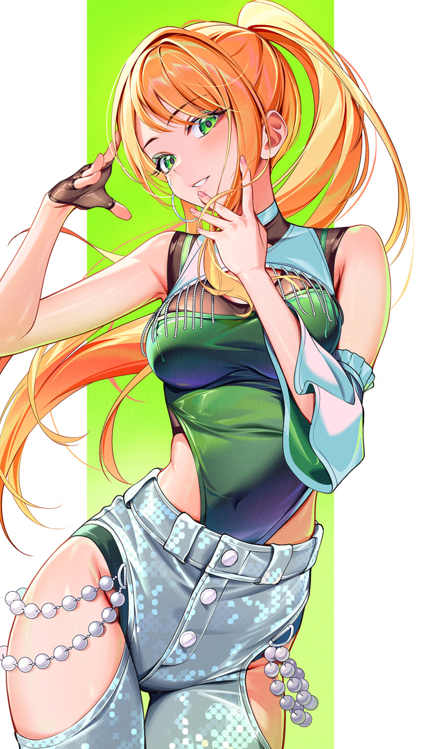 1girl blush breasts brown_gloves cleavage cleavage_cutout clothing_cutout denim detached_sleeves fingerless_gloves gakuen_idolmaster gloves green_eyes green_leotard highres idolmaster jeans kainown large_breasts leotard long_hair looking_at_viewer medium_breasts mole mole_under_eye orange_hair pants shirt shiun_sumika single_glove smile solo