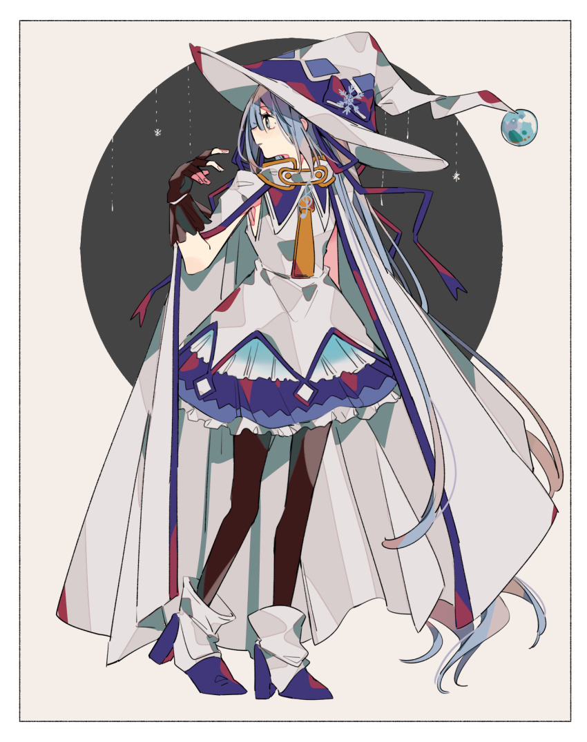 1girl ankle_boots arm_behind_back armpits black_gloves black_pantyhose blue_boots blue_eyes blue_hat boots border bow cloak closed_mouth commentary_request dress fingerless_gloves flat_chest full_body gloves grey_background hand_up hat hat_bow hatsune_miku highres ihako long_hair looking_to_the_side multicolored_hat necktie orange_necktie pantyhose partial_commentary profile purple_ribbon ribbon short_dress sleeveless sleeveless_dress snowflakes solo standing two-tone_background very_long_hair vocaloid white_border white_cloak white_dress witch_hat yuki_miku yuki_miku_(2014)