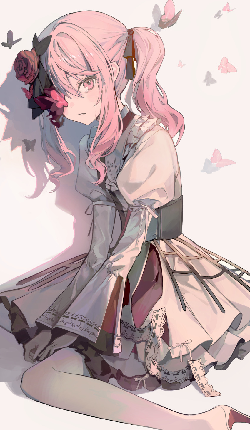 1other 1sh1214 25-ji_nightcord_de._(project_sekai) absurdres akiyama_mizuki androgynous black_blindfold black_ribbon blindfold bug butterfly commentary crying crying_with_eyes_open dress flower frilled_dress frills hair_flower hair_ornament highres insect juliet_sleeves keikyoku_no_machi_wa_doko_e_(project_sekai) lace lace-trimmed_dress lace_trim long_sleeves official_alternate_costume parted_lips pink_butterfly pink_hair project_sekai puffy_sleeves red_flower red_rose ribbon rose side_ponytail sidelocks simple_background tears white_background white_dress