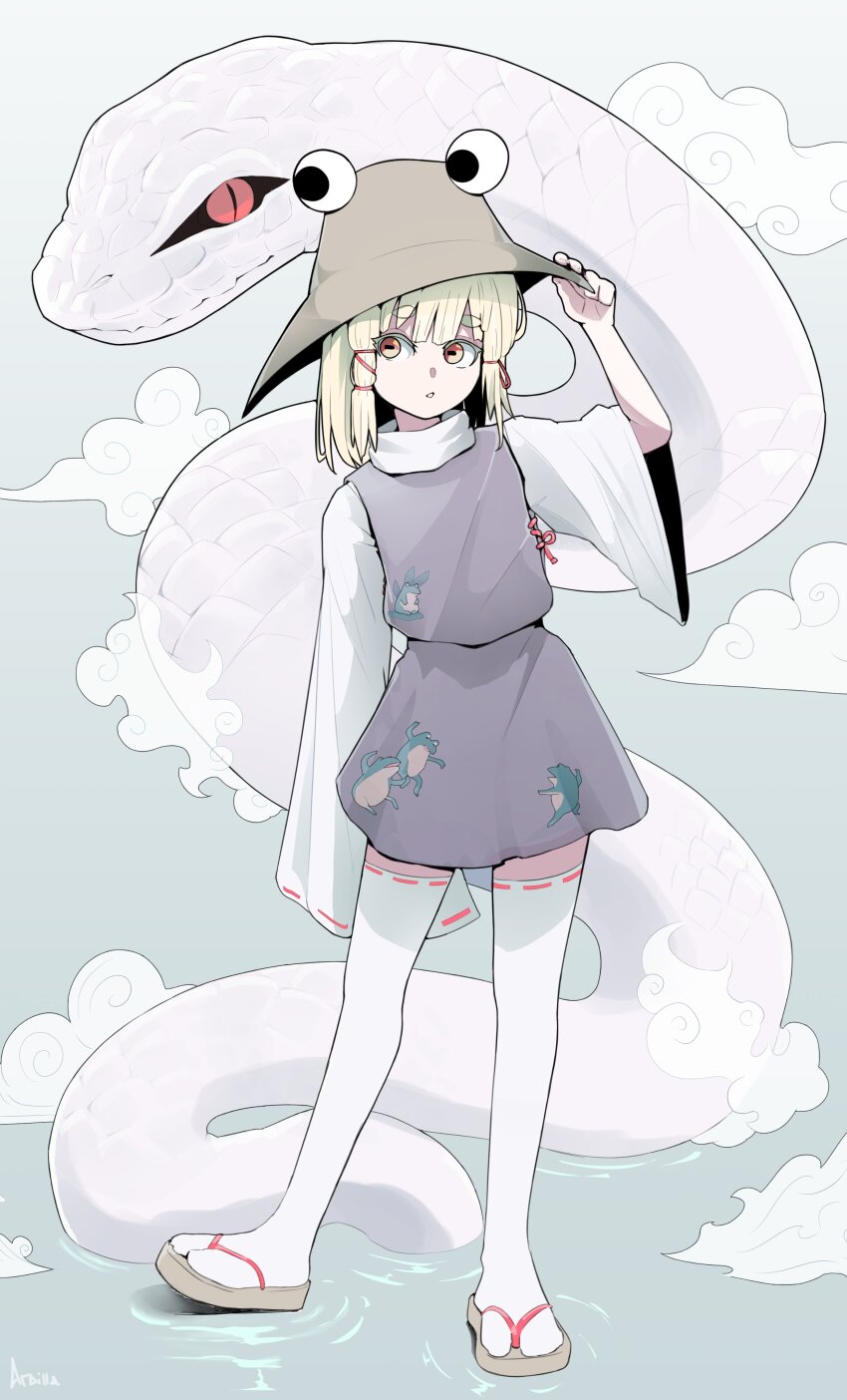 1girl 1other 4rdilla absurdres animal animal_print blonde_hair frog_print full_body hair_ribbon hat highres horizontal_pupils long_sleeves looking_to_the_side moriya_suwako orange_eyes oversized_animal purple_skirt purple_vest red_eyes ribbon shirt skirt sleeves_past_fingers sleeves_past_wrists slit_pupils snake tabi thighhighs touhou vest white_shirt white_sleeves white_thighhighs wide_sleeves