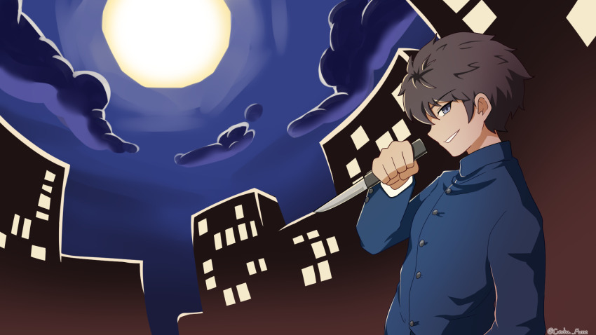 1boy black_hair blue_eyes blue_shirt cityscape cloud collared_shirt concha_(mamecha) full_moon grin hand_in_pocket highres holding holding_knife knife long_sleeves looking_at_viewer male_focus melty_blood moon nanaya_shiki night night_sky outdoors school_uniform shirt short_hair sky smile solo tsukihime twitter_username upper_body