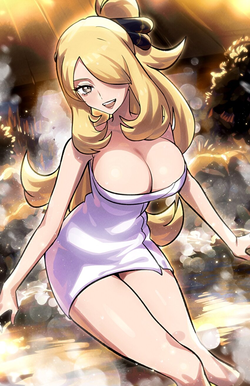 1girl absurdres blonde_hair blush breasts cynthia_(pokemon) grey_eyes hair_ornament hair_over_one_eye highres long_hair looking_at_viewer naked_towel nintendo onsen open_mouth outdoors pokemon pokemon_dppt ponytail ryairyai sitting smile solo steam towel very_long_hair water wet