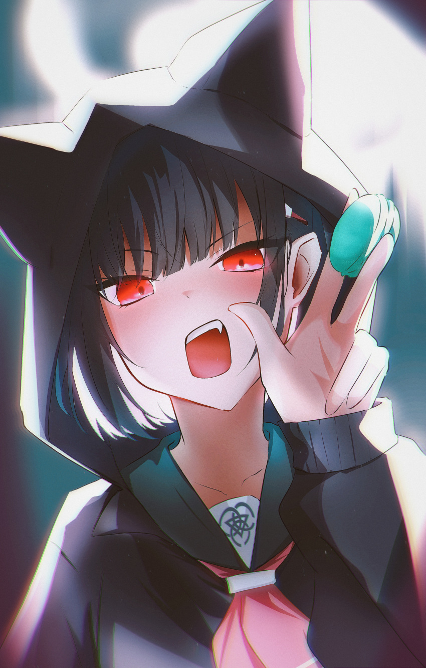 1girl absurdres animal_ear_headwear ascot black_hair black_jacket blue_archive blush fake_animal_ears fang food green_sailor_collar highres holding holding_food hood hood_up jacket kazusa_(blue_archive) looking_at_viewer macaron open_mouth pink_ascot red_eyes sailor_collar short_hair sidelocks solo ula_ula00 upper_body