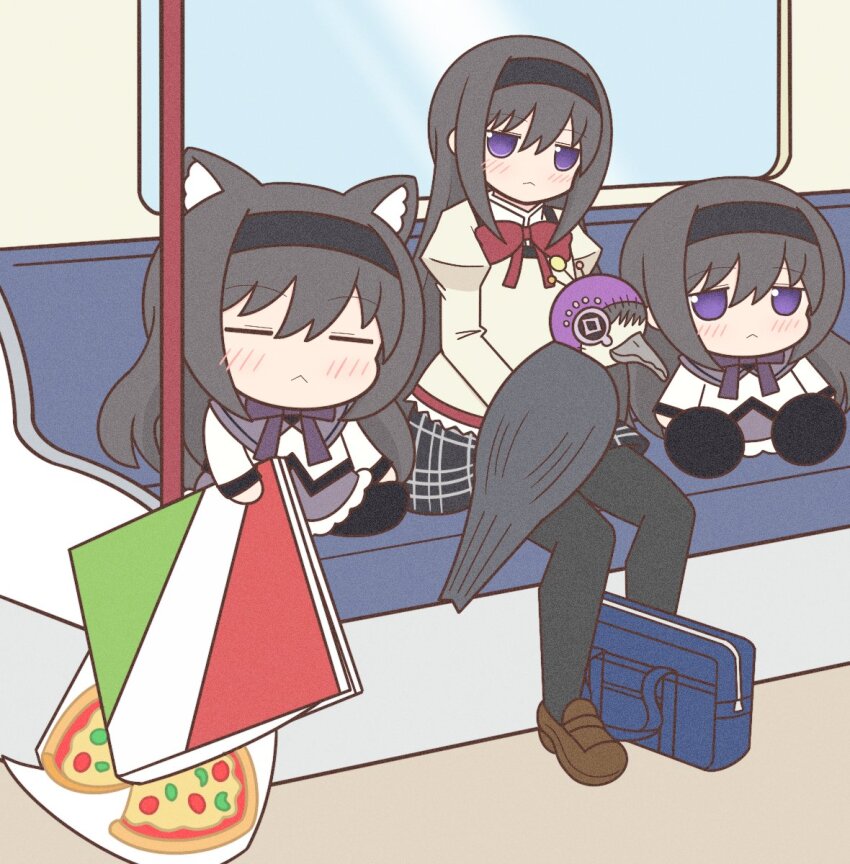 3girls akemi_homura akemi_homura_(magical_girl) animal animal_ears animal_on_lap bag bird bird_on_lap black_hair black_headband black_pantyhose cat_ears chibi closed_mouth crow food fresh_pizza_girl_meets_raven_girl_(meme) full_body hairband headband highres juliet_sleeves long_hair long_sleeves looking_at_viewer magical_girl mahou_shoujo_madoka_magica meme mitakihara_school_uniform multiple_girls on_lap pantyhose pizza pizza_box puffy_sleeves purple_eyes school_bag school_uniform sitting subway train_interior yuno385