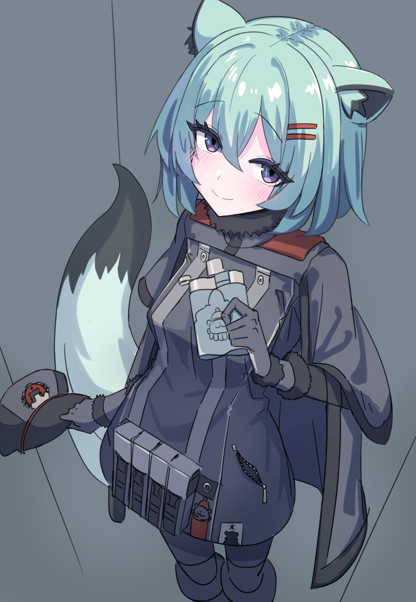 1girl animal_ears blue_archive gloves green_hair grey_gloves grey_jacket grey_pantyhose hair_between_eyes highres jacket looking_at_viewer medium_hair naturalpot pantyhose purple_eyes shigure_(blue_archive) shoulder_strap solo tail weasel_ears weasel_girl weasel_tail