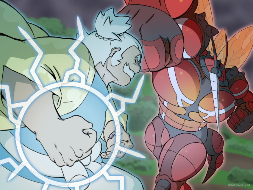 1boy aruke_(gter7727) battle belt blue_shirt buzzwole closed_eyes commentary_request dark-skinned_male dark_skin energy facial_hair gen_7_pokemon grass grey_hair hala_(pokemon) jacket male_focus mustache nintendo outdoors pants pokemon pokemon_(creature) pokemon_sm punching rope_belt shirt short_hair three-quarter_sleeves ultra_beast white_belt white_pants yellow_jacket