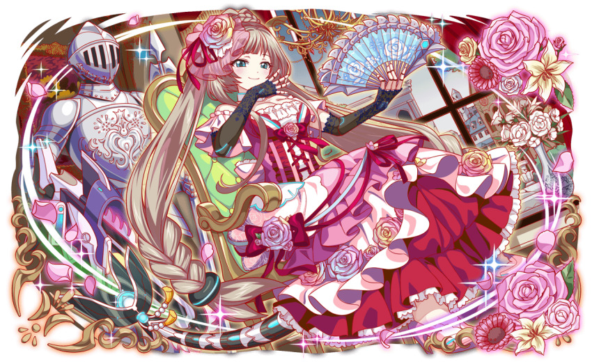 1girl aqua_eyes armor back_bow bare_shoulders beads black_gloves blonde_hair blunt_bangs blush border bow braid braided_ponytail breasts building cel_shading chair chandelier character_request cleavage closed_mouth collar crash_fever cross-laced_clothes cross-laced_dress crown_braid curtains cyborg detached_collar detached_sleeves dress dutch_angle fake_tail fins fish_tail floral_print flower flower_pot flower_request full_body game_cg gloves hair_flower hair_ornament hair_ribbon hairband hand_fan helmet high_heels holding holding_fan indoors lace lace-trimmed_bow lace-trimmed_dress lace_trim long_hair looking_at_viewer low-tied_long_hair low_twin_braids mechabare mechanical_arms mechanical_head mechanical_tail medium_breasts multicolored_dress multicolored_flower multicolored_rose no_socks official_art on_chair outline painting_(object) picture_frame pink_bow pink_flower pink_petals pink_rose pink_shoes polearm red_bow red_outline red_ribbon ribbon rooftop rose saturated see-through_clothes shirt shoes short_sleeves shoulder_armor smile solo sparkle spear strapless tachi-e tail tassel transparent_background twin_braids two-tone_tail very_long_hair weapon white_collar white_flower white_rose white_shirt white_sleeves window yellow_border yellow_flower