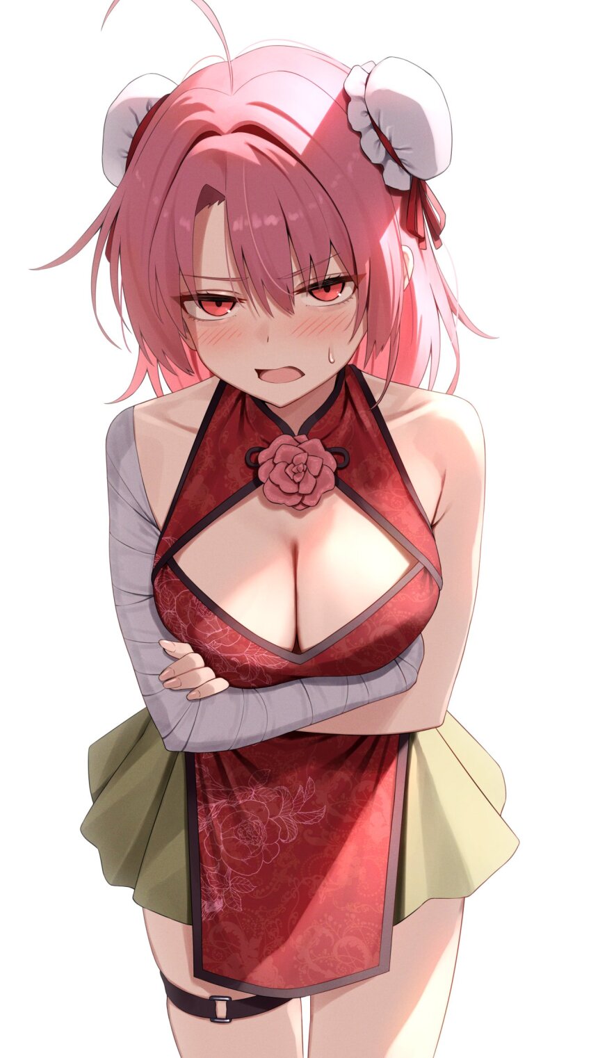 1girl bandaged_arm bandages breasts cleavage double_bun dress floral_print floral_print_dress green_skirt greenkohgen hair_bun highres ibaraki_kasen looking_at_viewer pink_eyes pink_hair print_dress short_hair skirt solo thigh_strap touhou