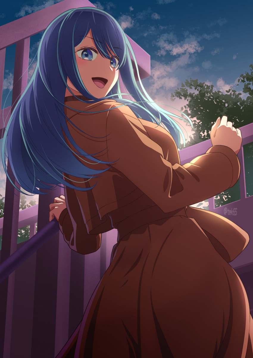 1girl absurdres blue_eyes blue_hair blue_sky breasts bridge brown_coat cloud coat day from_behind girugiru_(tektonics6588) highres kurokawa_akane long_hair looking_at_viewer looking_back oshi_no_ko outdoors railing sky solo tree trench_coat very_long_hair