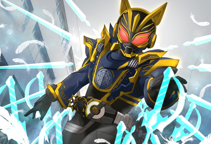 1girl armor black_bodysuit black_gloves blue_armor blue_sleeves bodysuit commentary contrapposto rider_belt fangs fantasy_buckle fingernails foreshortening gloves glowing glowing_eyes gold_trim highres horns id_core incoming_attack kamen_rider kamen_rider_geats_(series) kamen_rider_na-go looking_at_viewer magic miyabi_(037) open_hands raise_buckle red_eyes rider_belt tokusatsu upper_body