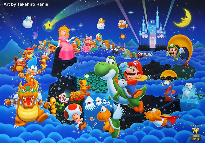 2girls 6+boys blargg blonde_hair blooper_(mario) boo_(mario) bowser brown_hair cape cape_luigi cape_mario castle cheep_cheep claws crown dinosaur dolphin_(mario) dress eerie_(super_mario_world) evil_grin evil_smile facial_hair fishing_boo flying fuzzy gloves goomba grin hammer_bro hat highres horns iggy_koopa koopa_paratroopa koopalings lakitu larry_koopa laughing lemmy_koopa lil_sparky ludwig_von_koopa luigi magikoopa mario mario_(series) mecha-koopa mega_mole monty_mole moon morton_koopa_jr. multiple_boys multiple_girls mustache night night_sky ninji nintendo official_art paragaloomba pink_dress piranha_plant pokey_(mario) princess_peach red_hair resized rex_(mario) reznor roy_koopa sitting sky smile super_star_(mario) super_koopa super_mario_world swoop_(mario) toad_(mario) upscaled wand wendy_o._koopa wiggler wings yoshi