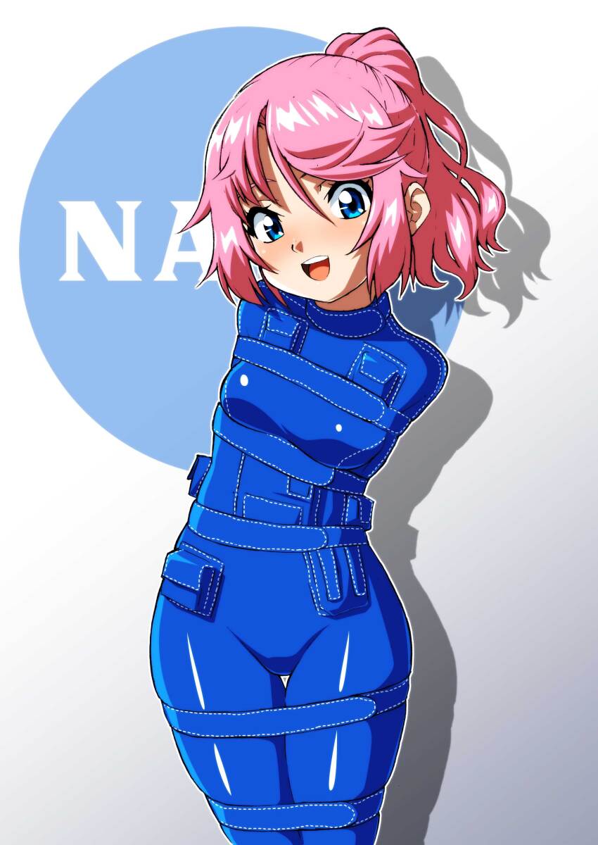 1girl :d absurdres blue_bodysuit blue_eyes bodysuit bound bound_arms bound_legs breasts daikinbakuju drop_shadow gradient_background grey_background highres looking_at_viewer millie_(daikinbakuju) nasa open_mouth original pink_hair ponytail pouch small_breasts smile solo teeth tied_up_(nonsexual) upper_teeth_only white_background