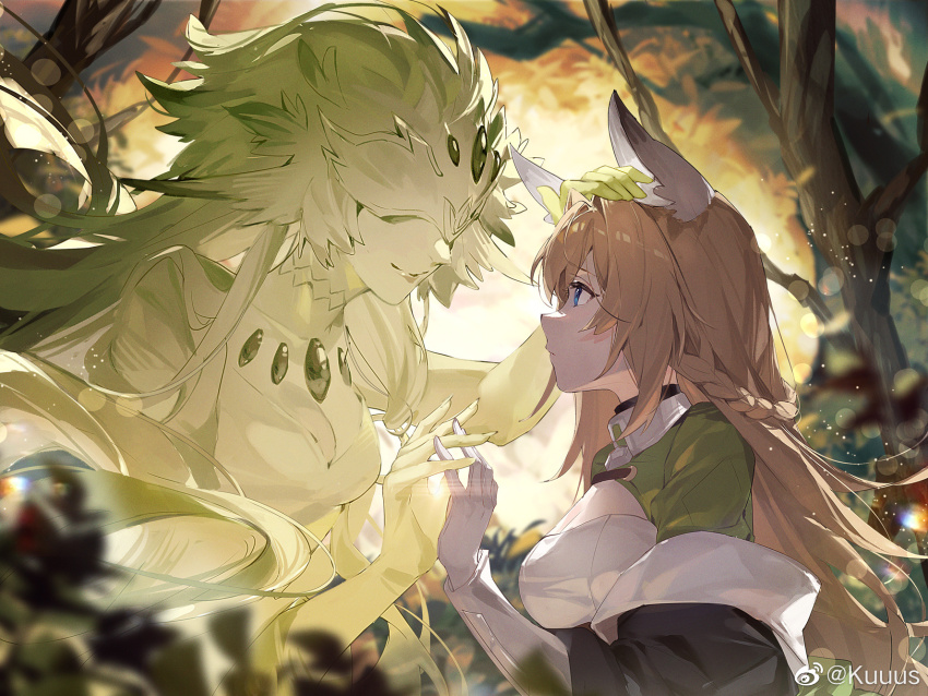 2girls animal_ear_fluff animal_ears bird_ears black_choker black_jacket blue_eyes braid breasts brown_hair bush character_request chest_jewel chinese_commentary choker cleavage closed_mouth collared_jacket collared_shrug colored_skin commentary_request covered_eyes day dress eternal_tree eye_mask face-to-face forest fox_ears from_side green_hair green_shrug green_skin half_up_half_down_braid hand_on_another&#039;s_head highres jacket jacket_partially_removed kuuus large_breasts light_frown light_particles lipstick long_hair long_sidelocks long_sleeves looking_at_another makeup multiple_girls nature official_art outdoors pointy_nose puffy_long_sleeves puffy_sleeves shirt shrug_(clothing) sidelocks smile strapless strapless_shirt upper_body very_long_hair watermark wavy_hair weibo_watermark white_shirt