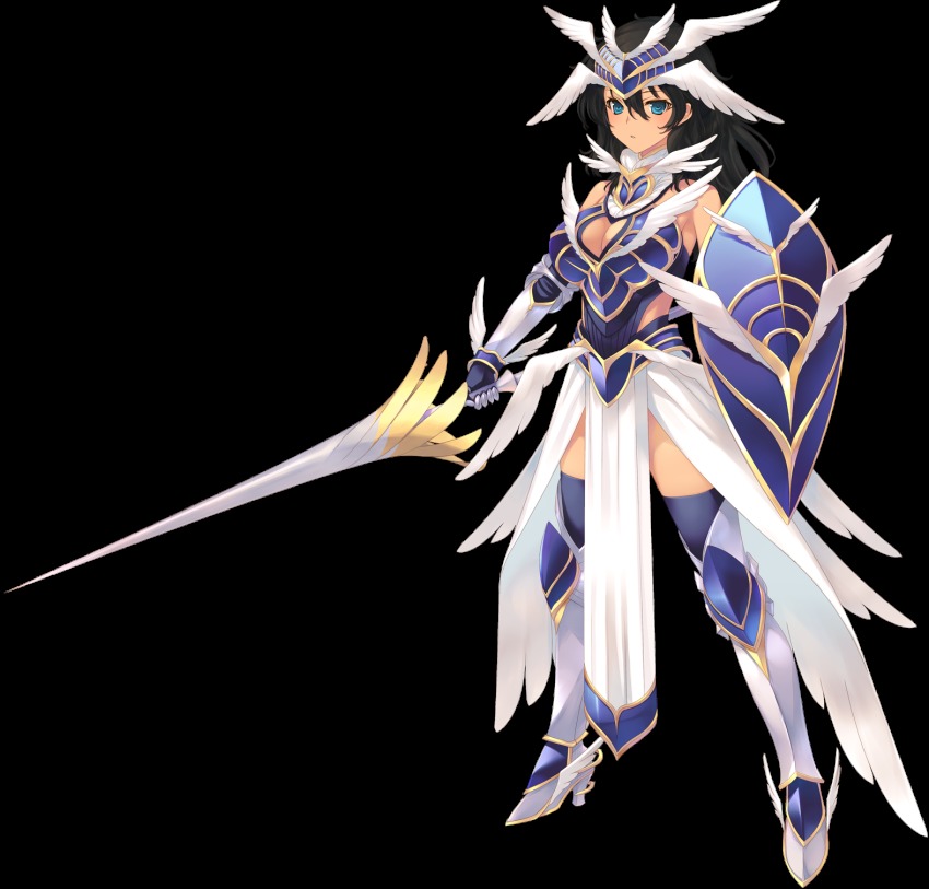 1girl amazuyu_tatsuki aquaplus armor armored_boots bare_shoulders black_hair blue_eyes blue_thighhighs boots bou_(inubou) breastplate breasts cleavage dark-skinned_female dark_skin dungeon_travelers_2 female_focus full_body gauntlets grisherina_efleanor hair_ornament highres holding holding_weapon looking_at_viewer pelvic_curtain shield solo standing sword thighhighs transparent_background weapon
