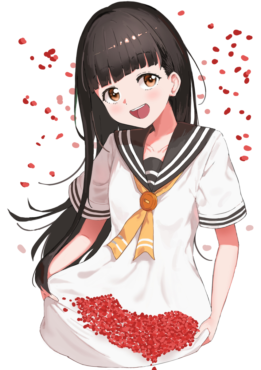 1girl absurdres black_hair blunt_bangs blush brown_eyes brown_serafuku dress highres jyuunen-kun long_hair looking_at_viewer make_heroine_ga_oo_sugiru! neckerchief nukumizu_kaju open_mouth petals sailor_dress school_uniform serafuku short_sleeves simple_background smile solo summer_uniform upper_body white_background white_dress yellow_neckerchief