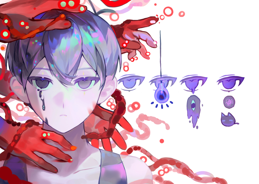 1boy absurdres antenna_hair bare_shoulders black_blood black_eyes black_hair black_tank_top blood bloody_tears chinese_commentary closed_mouth commentary commentary_request czorimu double-parted_bangs english_commentary extra_arms frown hair_behind_ear hair_between_eyes highres light_bulb male_focus mewo mixed-language_commentary no_pupils omori omori_(omori) portrait purple_eyes short_hair simple_background solo something_(omori) tank_top tsurime white_background
