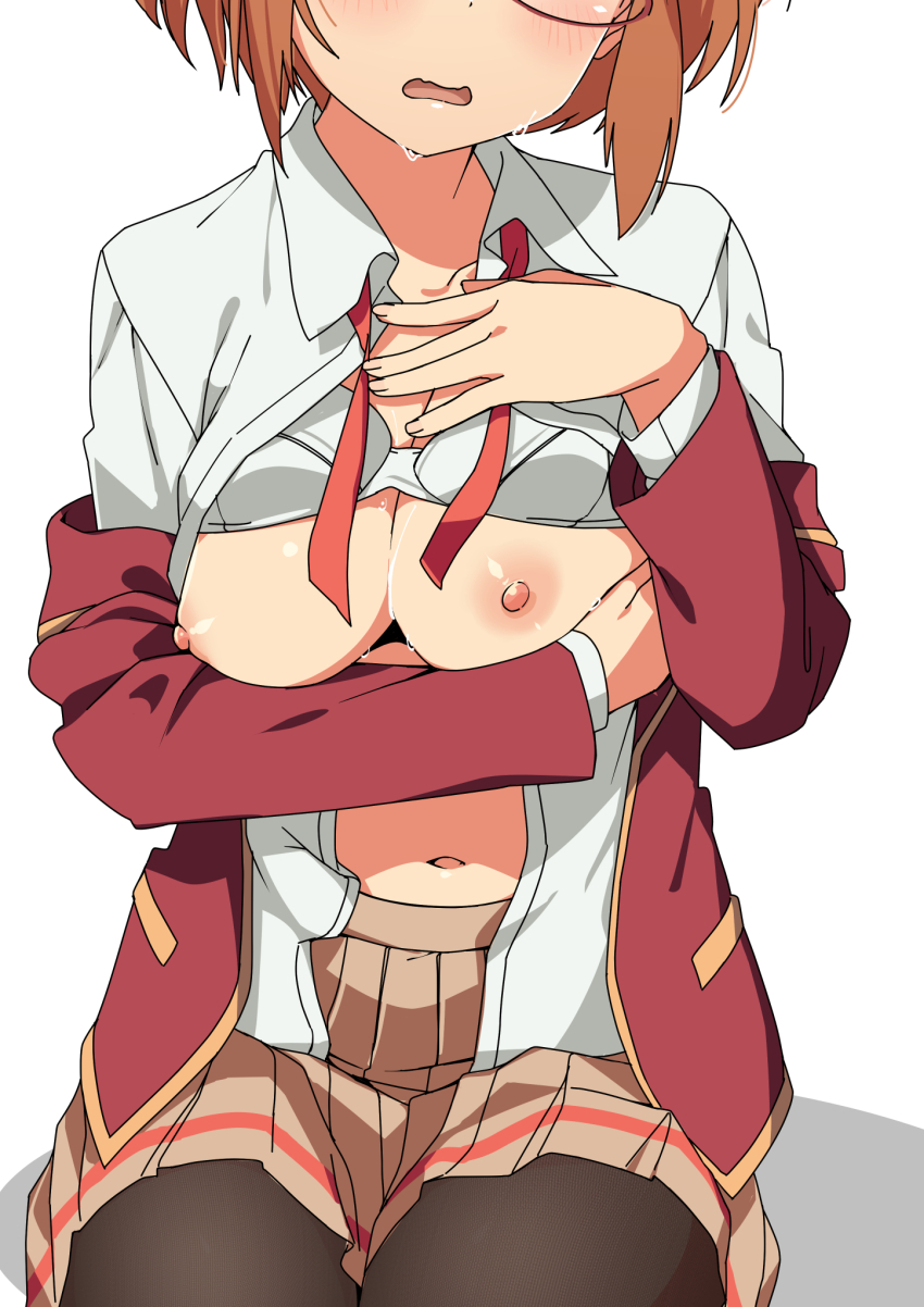 1girl black_pantyhose bokutachi_wa_benkyou_ga_dekinai breasts brown_hair brown_skirt collared_shirt glasses head_out_of_frame highres jacket long_sleeves medium_breasts morisobo navel nipples ogata_rizu open_mouth pantyhose red_jacket red_ribbon ribbon shirt simple_background sitting skirt solo white_background white_shirt