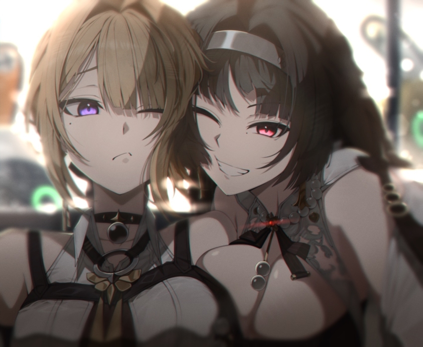 2girls arm_strap astra_yao astra_yao_(chandelier) bare_shoulders bead_necklace beads black_choker black_hair black_ribbon blonde_hair blurry blurry_background breast_press breasts brooch cheek-to-cheek chest_harness choker cleavage cleavage_cutout closed_mouth clothing_cutout collared_shirt commentary dress evelyn_chevalier glowing glowing_jewelry grin hairband harness heads_together hosun jewelry large_breasts long_hair looking_at_viewer mole mole_under_eye multiple_girls neck_ribbon necklace necktie official_alternate_costume one_eye_closed pearl_necklace purple_eyes red_eyes ribbon shirt short_hair silver_hairband sleeveless sleeveless_shirt smile tight_clothes uneven_bangs white_shirt yellow_necktie yuri zenless_zone_zero