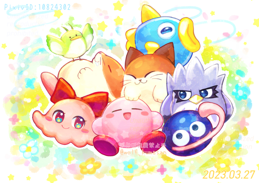:3 :d artist_name bird blue_eyes blue_flower blush blush_stickers bow chuchu_(kirby) closed_eyes commentary_request coo_(kirby) dated drooling fish flower gooey_(kirby) kine_(kirby) kirby kirby_(series) kumaoka_pon long_tongue looking_at_viewer nago_(kirby) nintendo no_humans open_mouth pitch_(kirby) pixiv_id red_bow rick_(kirby) sleeping smile solid_circle_eyes star_(symbol) star_in_eye symbol_in_eye tongue tongue_out twitter_username watermark white_background yellow_flower