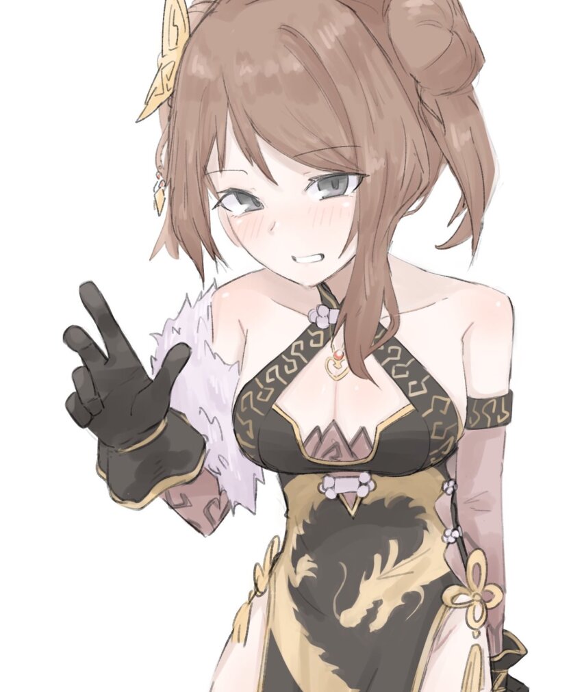1girl arm_at_side assault_lily black_dress black_gloves blush breasts brown_hair butterfly_hair_ornament cleavage cleavage_cutout clothing_cutout collarbone cowboy_shot detached_sleeves double_bun dragon_print dress flower_knot fur-trimmed_sleeves fur_trim gloves grey_eyes grin hair_bun hair_ornament halter_dress halterneck hand_up hashtag-only_commentary highres iijima_renka jewelry long_sleeves looking_at_viewer medium_breasts necklace official_alternate_costume official_alternate_hairstyle ooinaru_ishi_(zwna_m) parted_lips pelvic_curtain pendant print_dress short_hair_with_long_locks simple_background single_sidelock sleeveless sleeveless_dress smile solo standing tassel w white_background