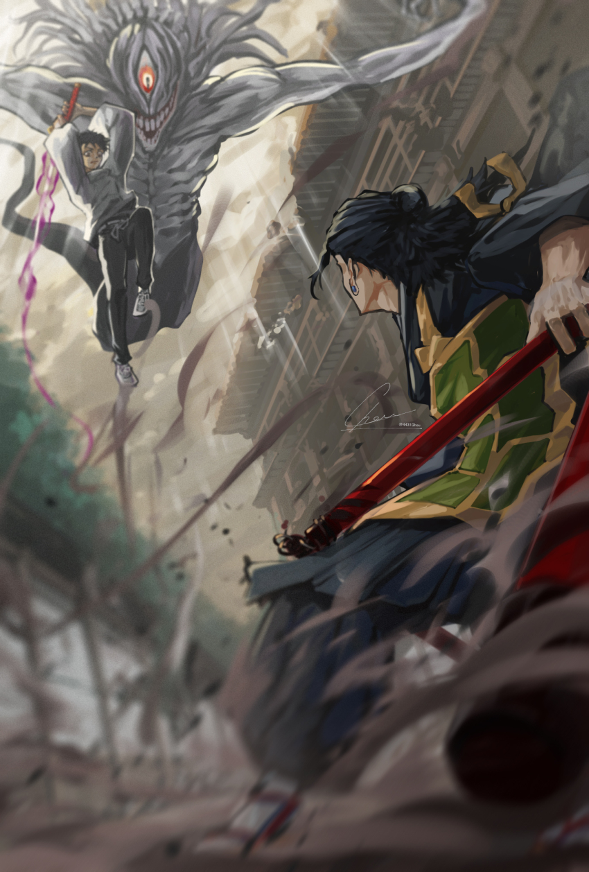 1other 2boys black_hair black_kimono black_pants closed_mouth cloud cloudy_sky cursed_energy_(jujutsu_kaisen) cursed_spirit_(jujutsu_kaisen) debris destruction ear_piercing fighting from_below getou_suguru hair_bun hair_pulled_back high_collar highres holding holding_sword holding_weapon incoming_attack jacket japanese_clothes jujutsu_kaisen jujutsu_tech_uniform katana kesa kimono long_hair long_sleeves male_focus monster multiple_boys okkotsu_yuuta one-eyed orimoto_rika pants piercing plug_(piercing) school_uniform shikigami shoes short_hair signature single_hair_bun sky smoke sneakers sunlight sword three_section_staff tomorrow4431 weapon white_jacket white_shoes