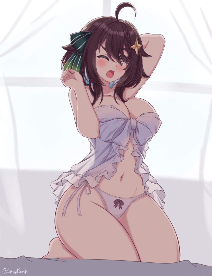 absurdres ahoge barefoot bow breasts brown_hair hair_bow hair_flaps hair_ornament highres meica_(vtuber) panties short_hair star_(symbol) star_hair_ornament takkikun underwear virtual_youtuber white_panties