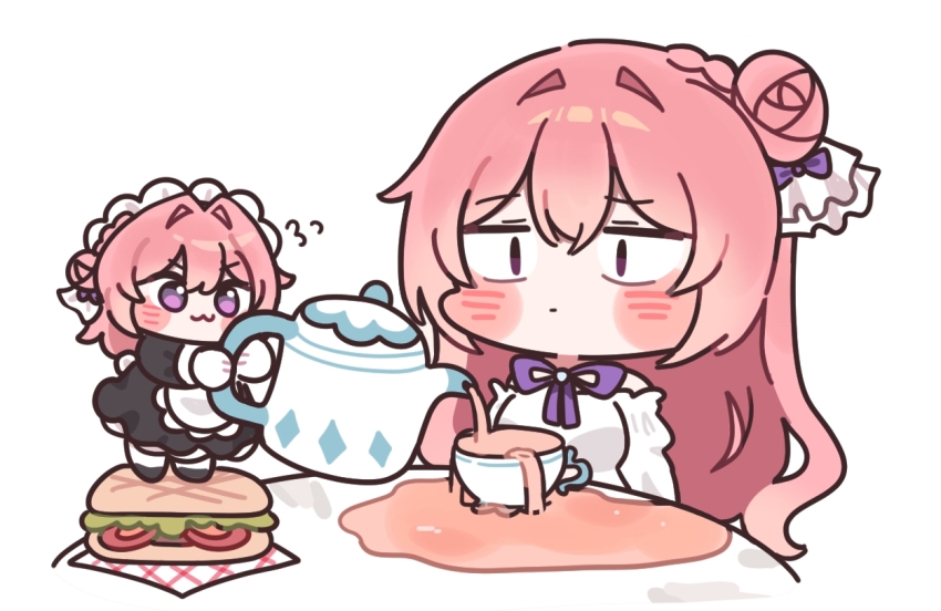 2girls :3 apron blush bow chibi constricted_pupils cup doro_(nikke) dorothy_(nikke) dress food goddess_of_victory:_nikke hair_bow hair_bun jitome lettuce long_hair maid maid_apron maid_headdress mming_(mmingis18) multiple_girls napkin neck_ribbon off_shoulder pink_hair pouring purple_eyes ribbon sandwich simple_background spill spilling standing table tea teacup teapot tomato white_background white_dress