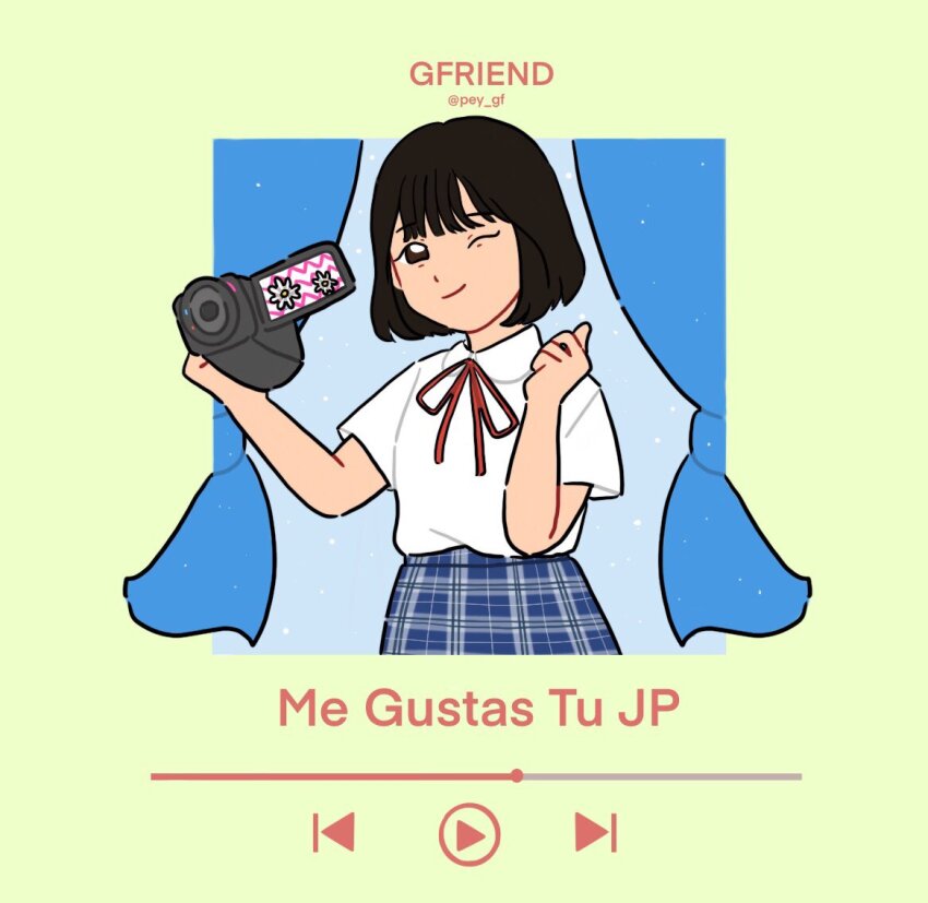 1girl black_hair bob_cut camera chibi closed_mouth commentary curtains english_commentary eunha_(gfriend) gfriend group_name holding holding_camera k-pop looking_at_another neck_ribbon one_eye_closed pey_gf real_life red_ribbon ribbon school_uniform shirt short_hair short_sleeves smile solo song_name thumbs_up twitter_username upper_body white_shirt